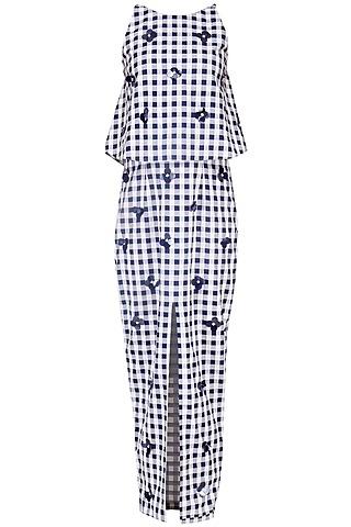 blue and white checked maxi dress