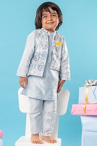 blue and white embroidered silk thread embroidered nehru jacket set for boys
