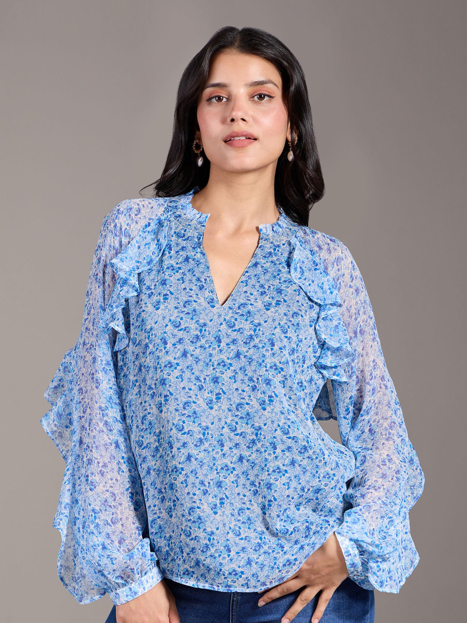 blue and white floral print ruffled v neck full sleeves top