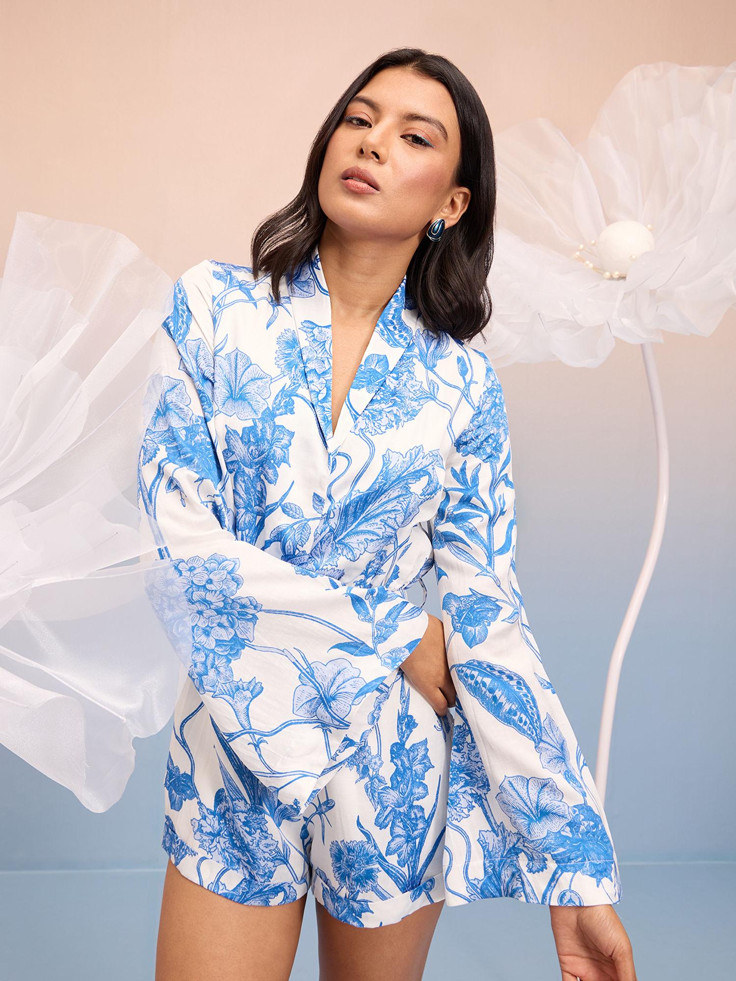 blue and white floral printed full sleeves playsuit (set of 2)