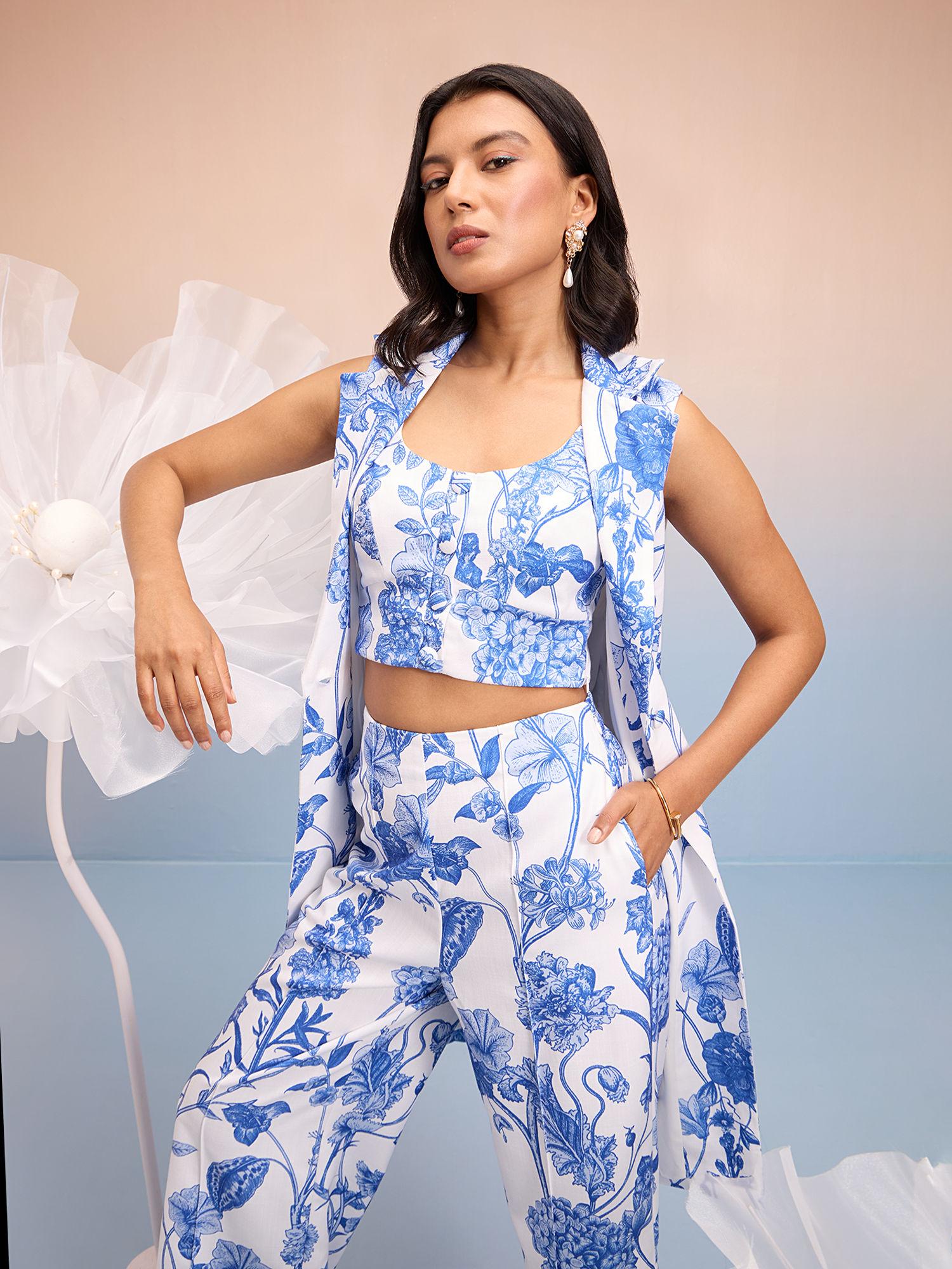 blue and white floral printed sleeveless knee length jacket (set of 2)