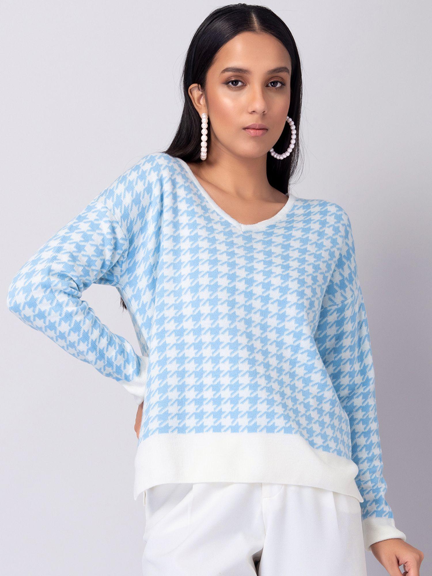 blue and white herringbone jumper sweater