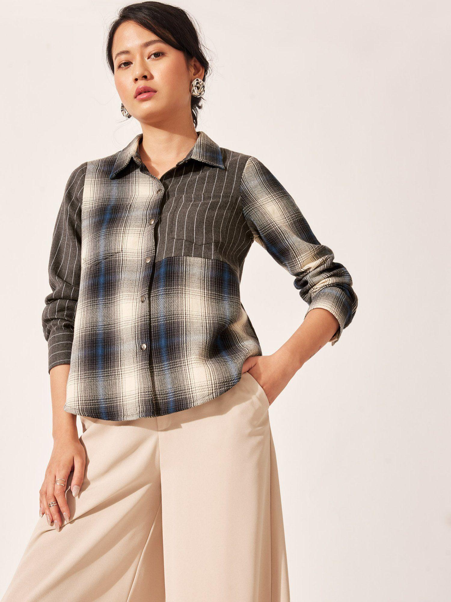 blue and white plaid collar shirt