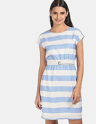 blue and white round neck striped dress