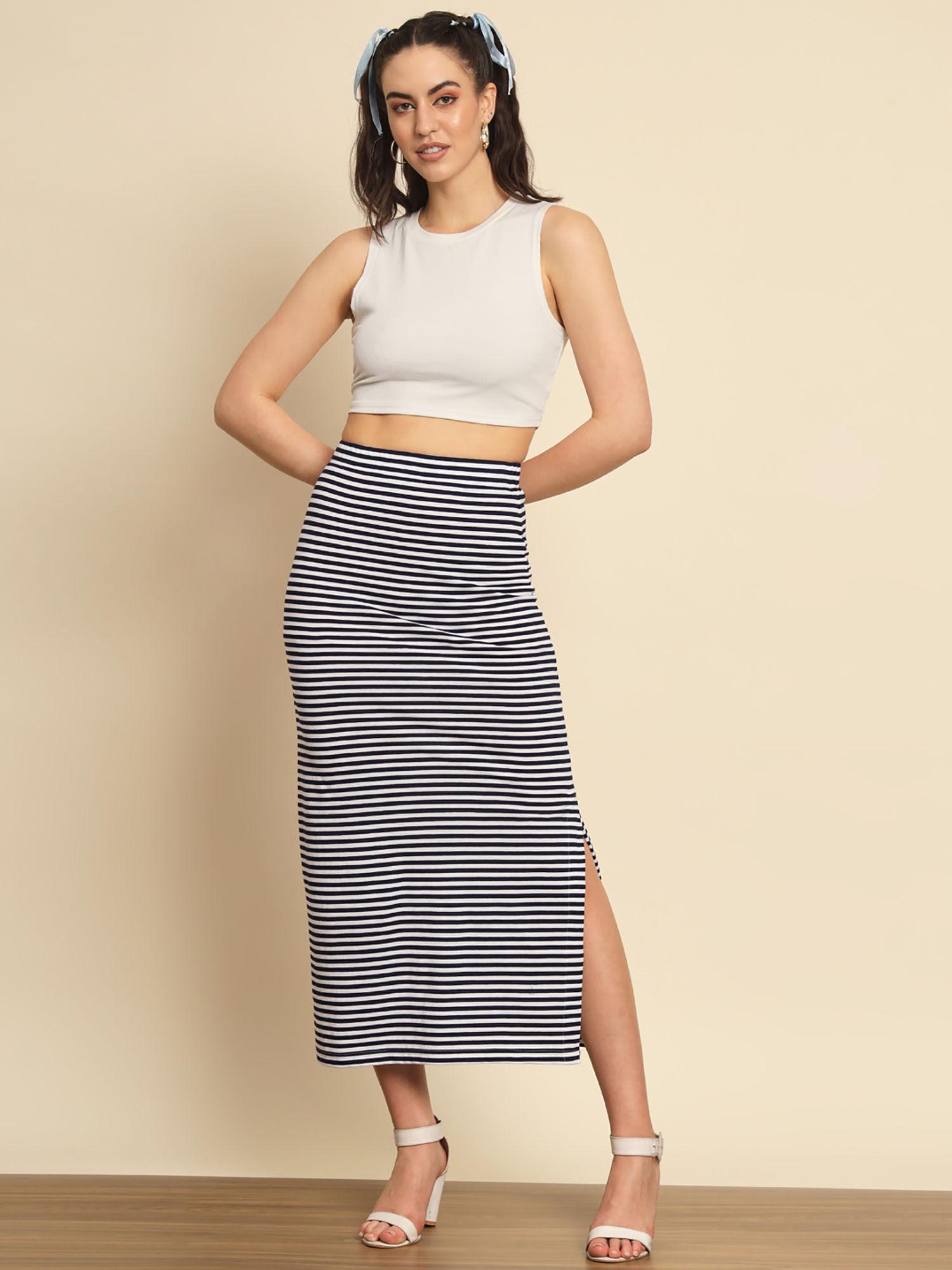 blue and white stripe slit skirt
