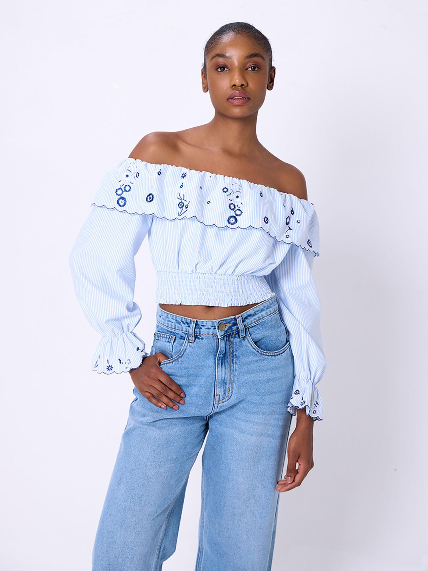 blue and white stripe smocked hem crop top