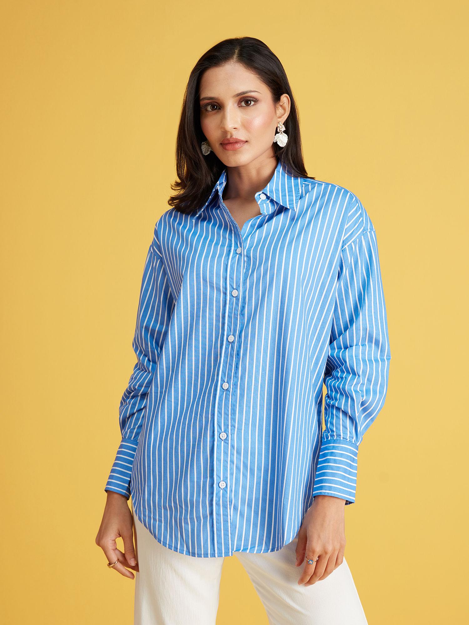 blue and white striped full sleeves cotton shirt