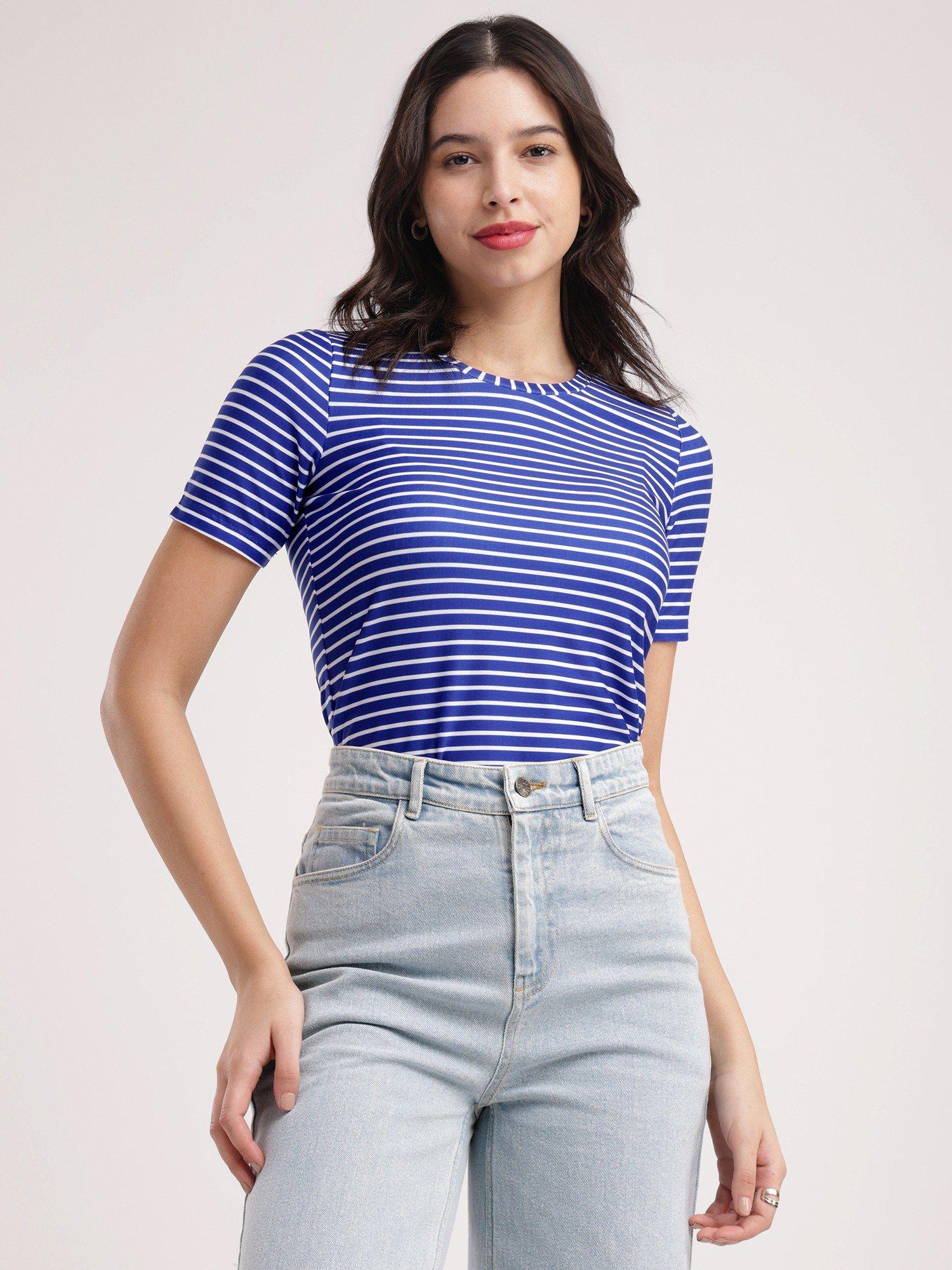 blue and white striped knitted t-shirt