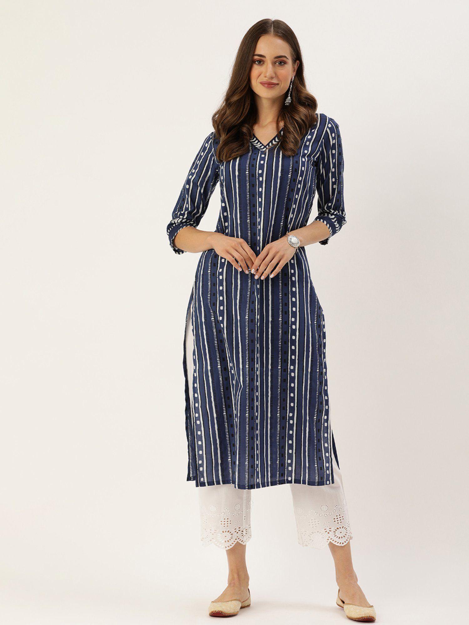 blue and white striped straight kurta with v shape neckline