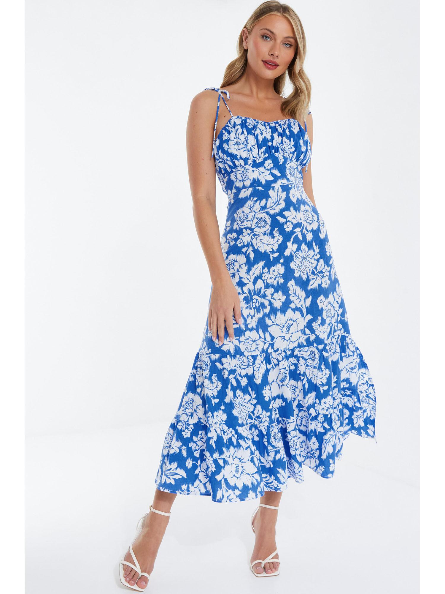 blue and white woven floral stripe maxi dress