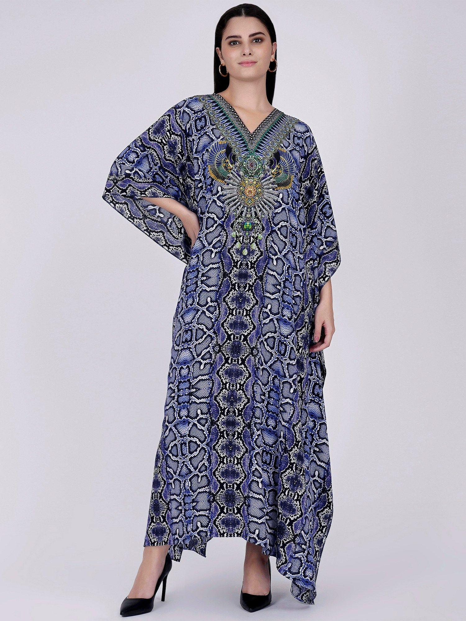 blue animal print embellished silk full length kaftan