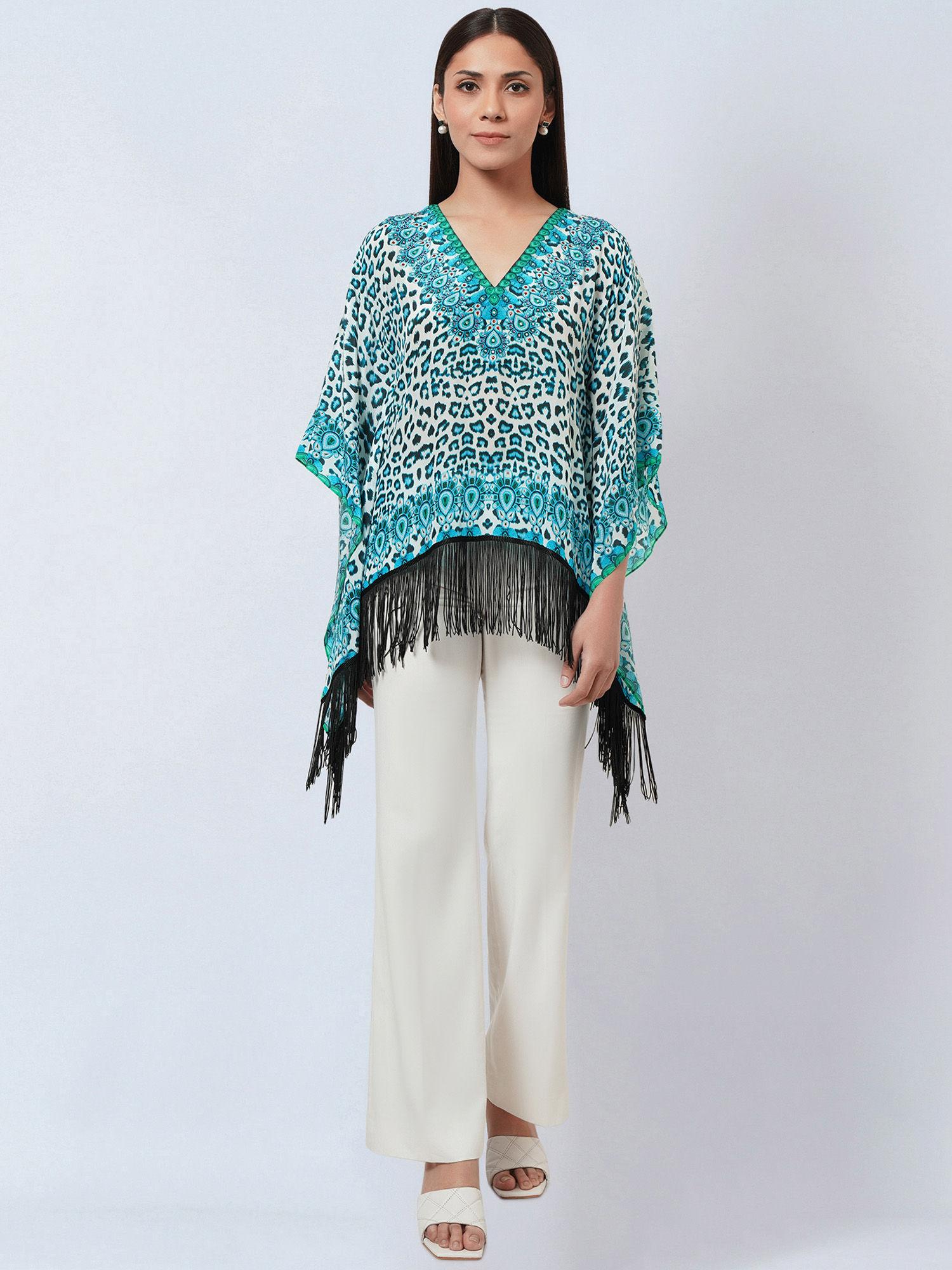 blue animal print kaftan style top