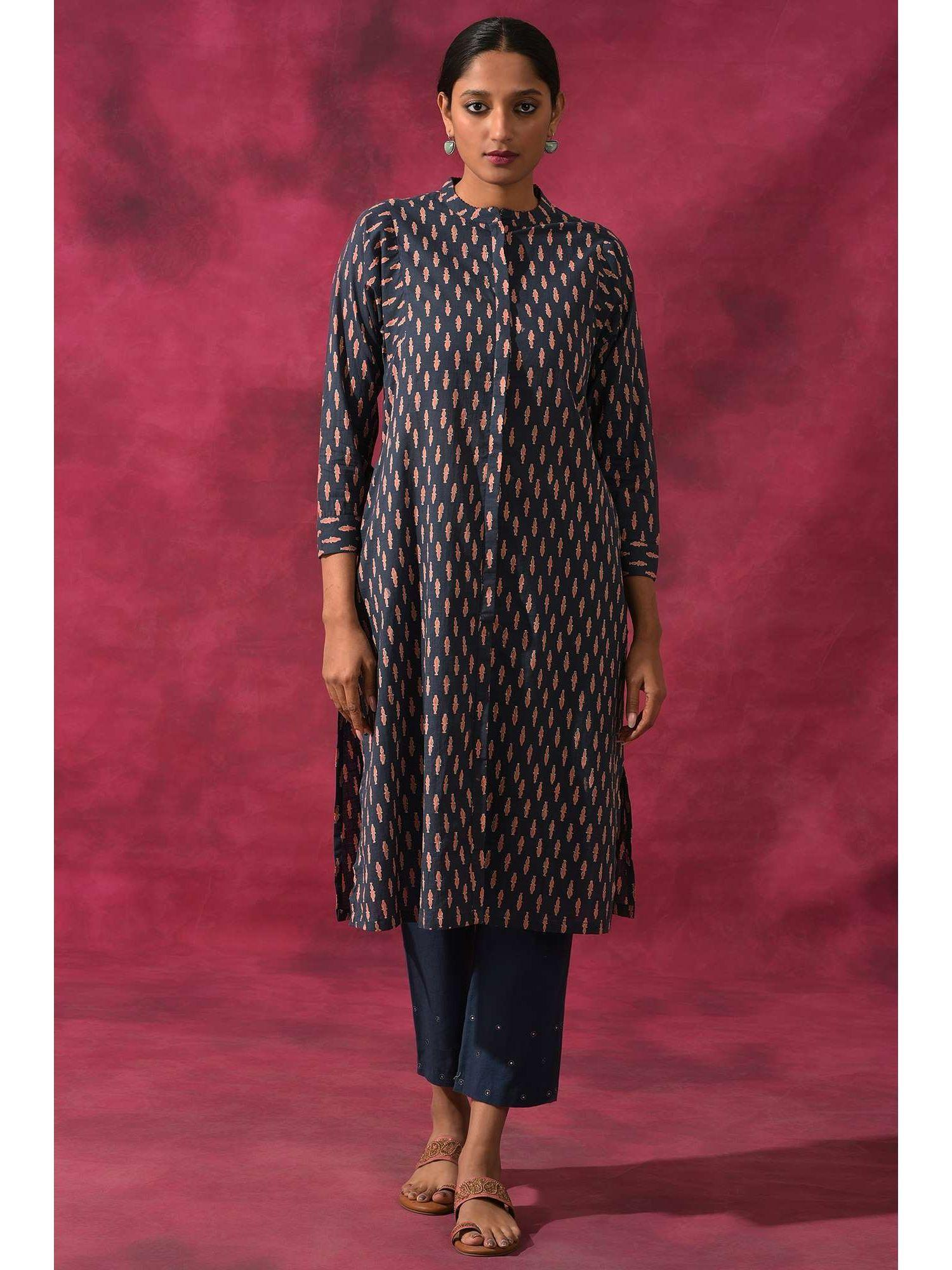 blue animal print kurta