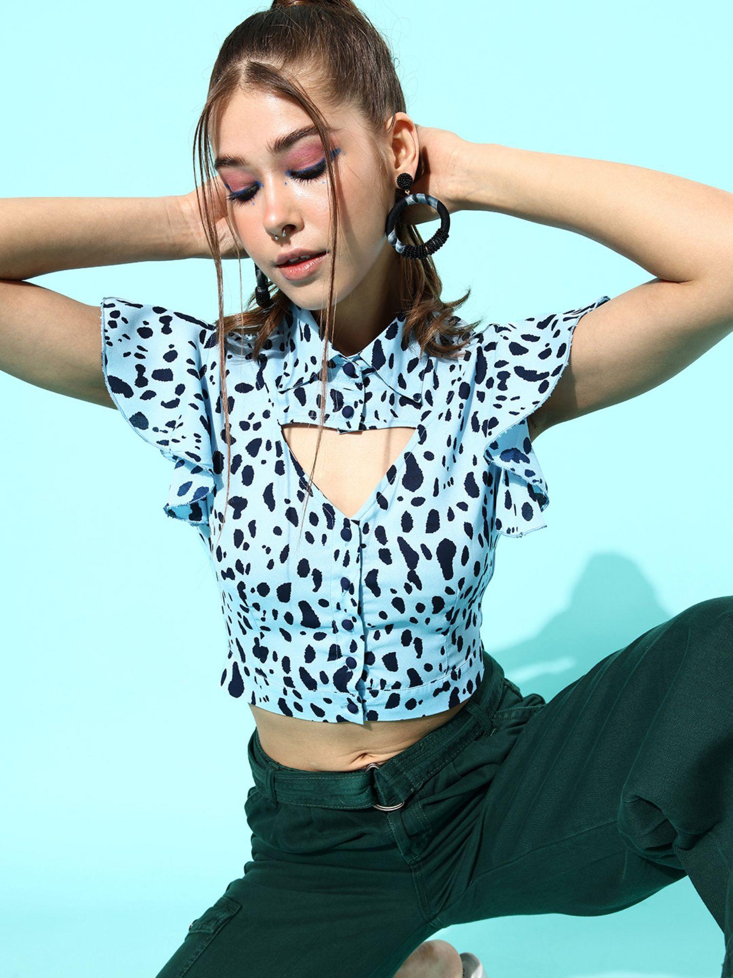 blue animal printed cut out top