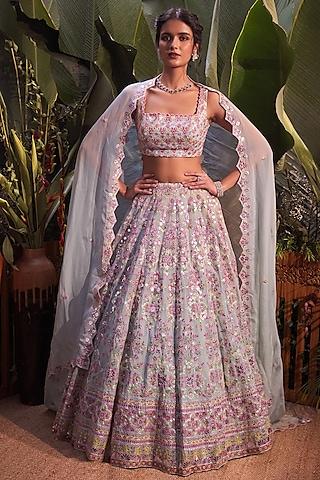 blue applique embroidered lehenga set