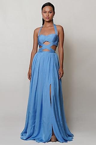 blue art flat chiffon draped gown
