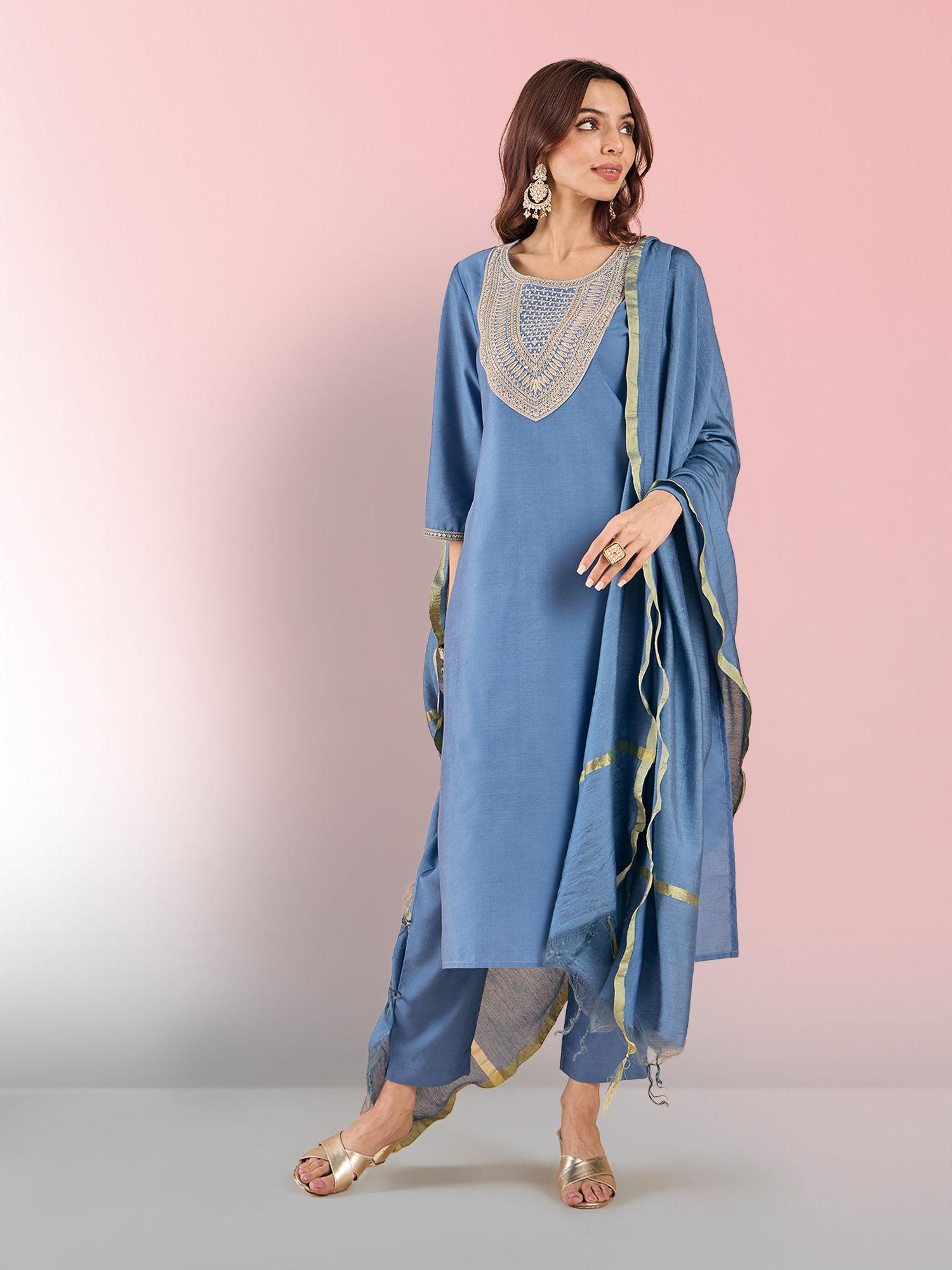 blue art silk dori embroidered yoke straight kurta with solid pant and dupatta likskd308