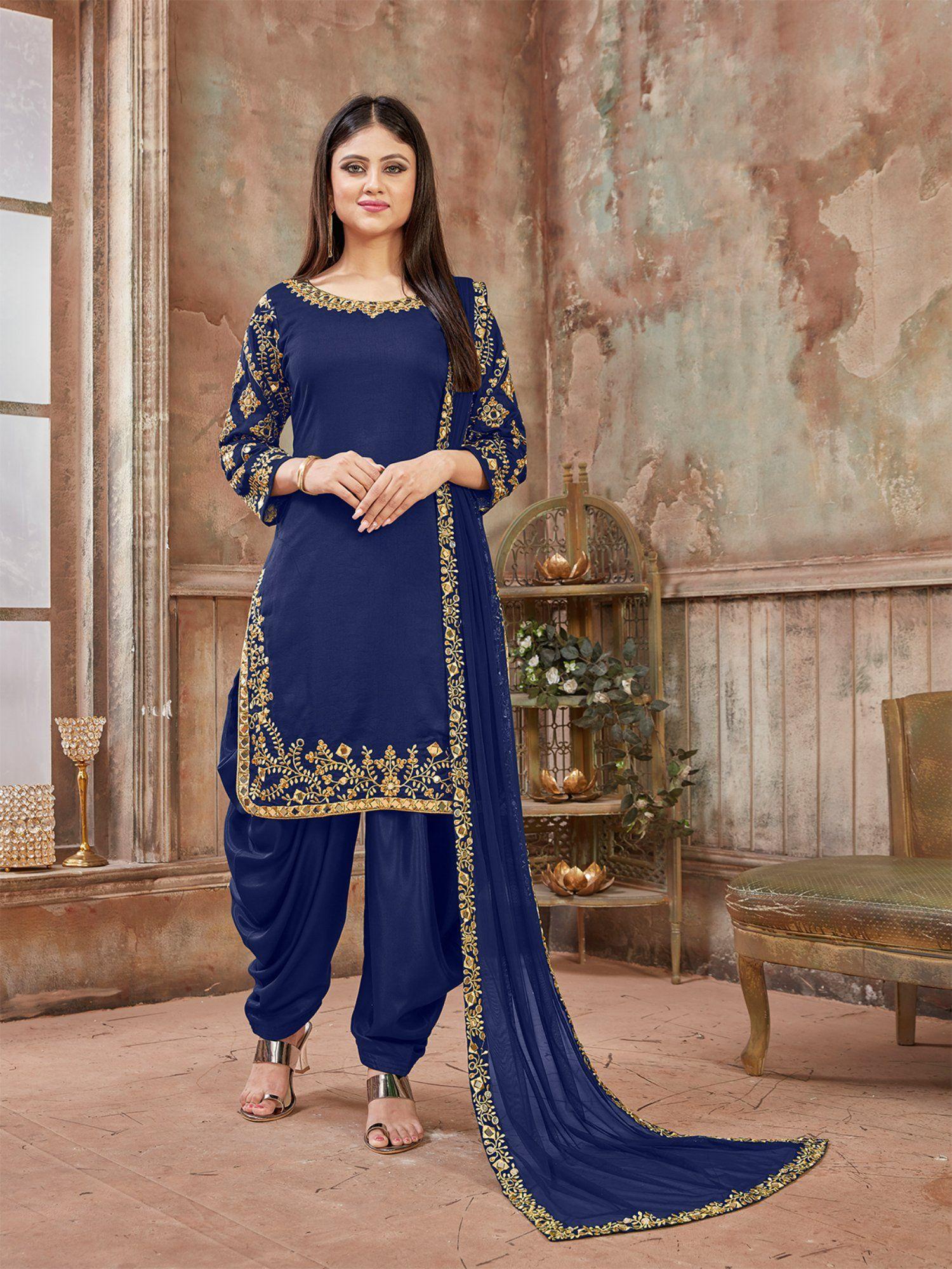 blue art silk embroidered semi stitched dress material (set of 3)