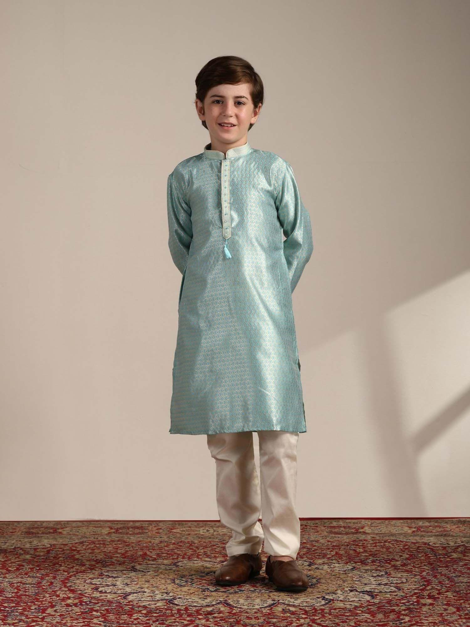 blue art silk woven mandarin collar traditional kurta pyjama (set of 2)
