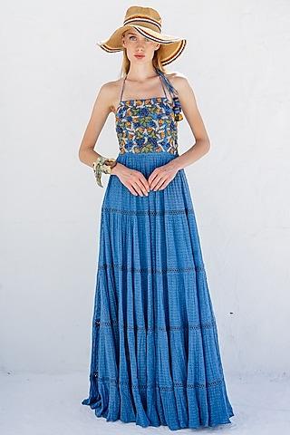 blue aster embroidered tiered maxi dress
