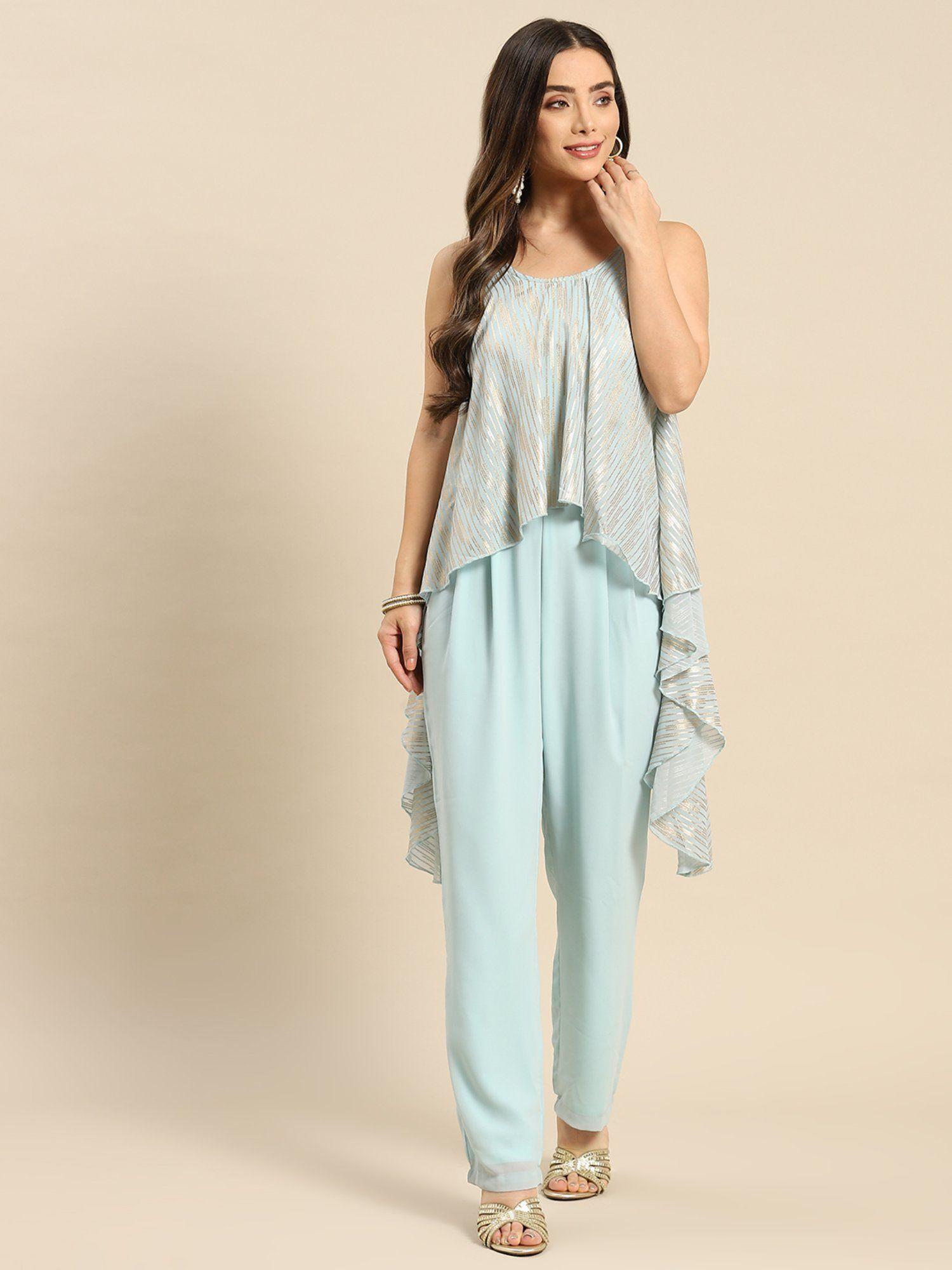 blue asymmetric drape jumpsuit