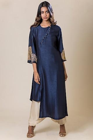 blue asymmetric floral embroidered tunic