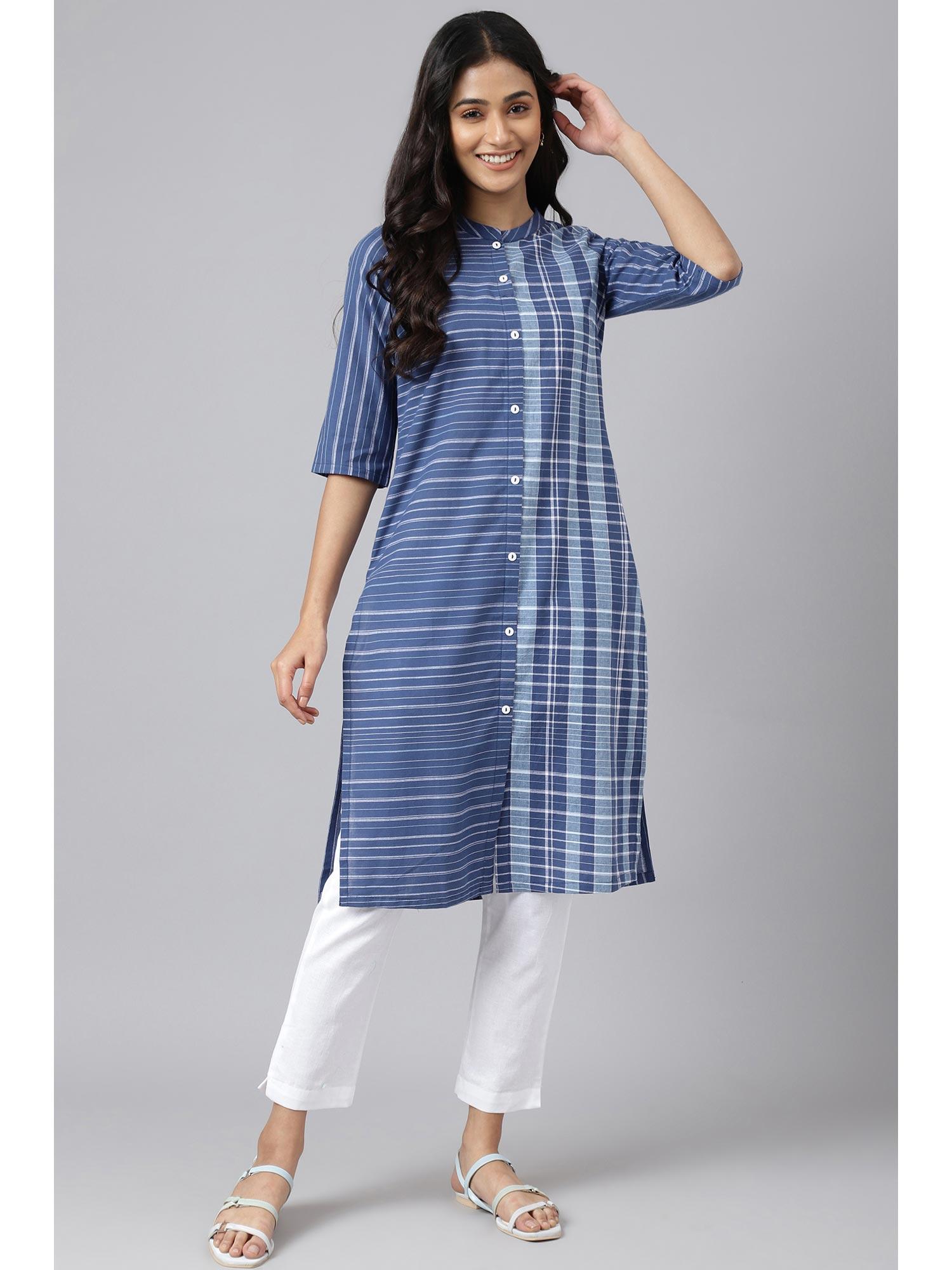 blue asymmetric placement kurta