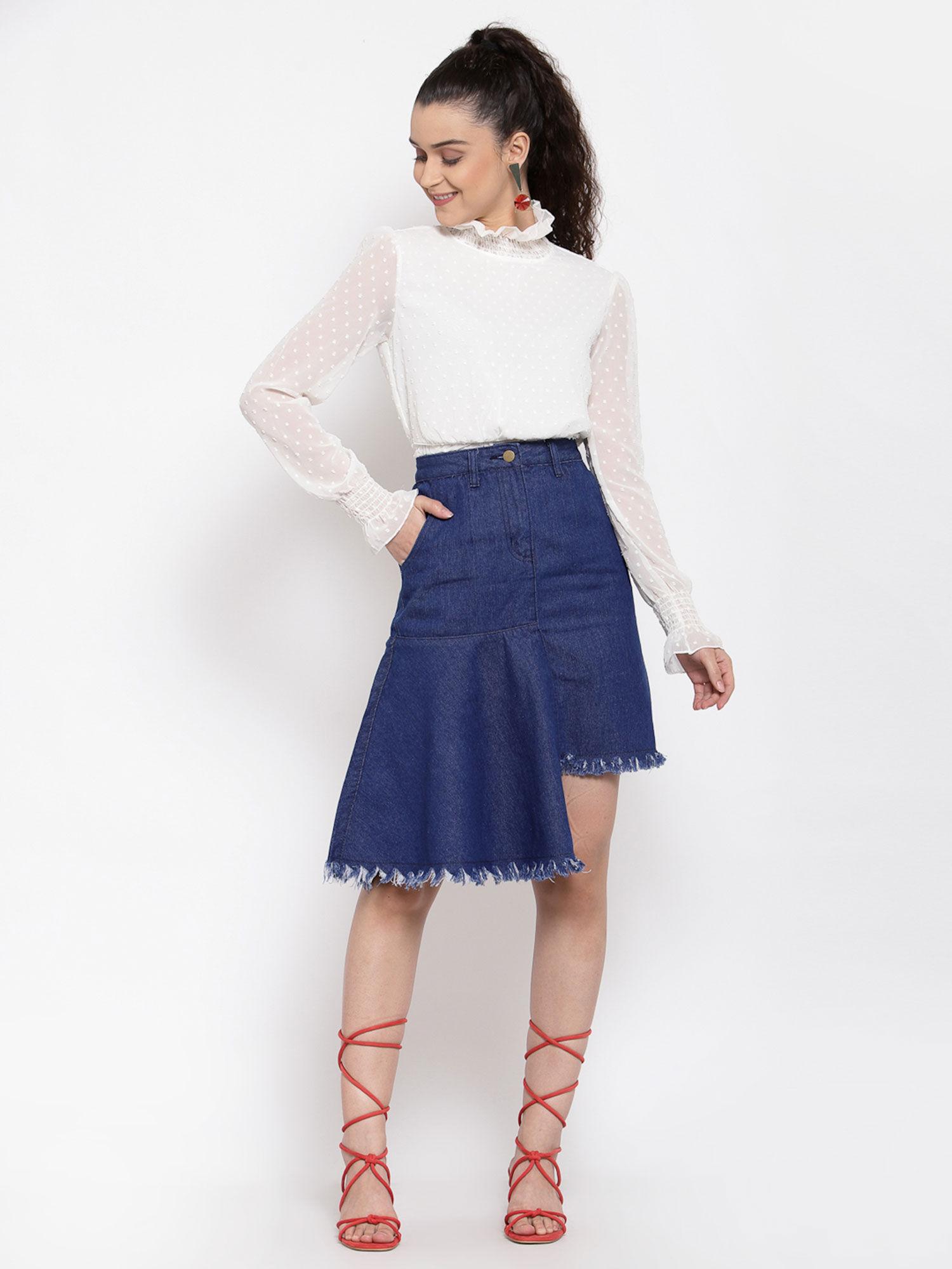 blue asymmetrical denim midi skirt