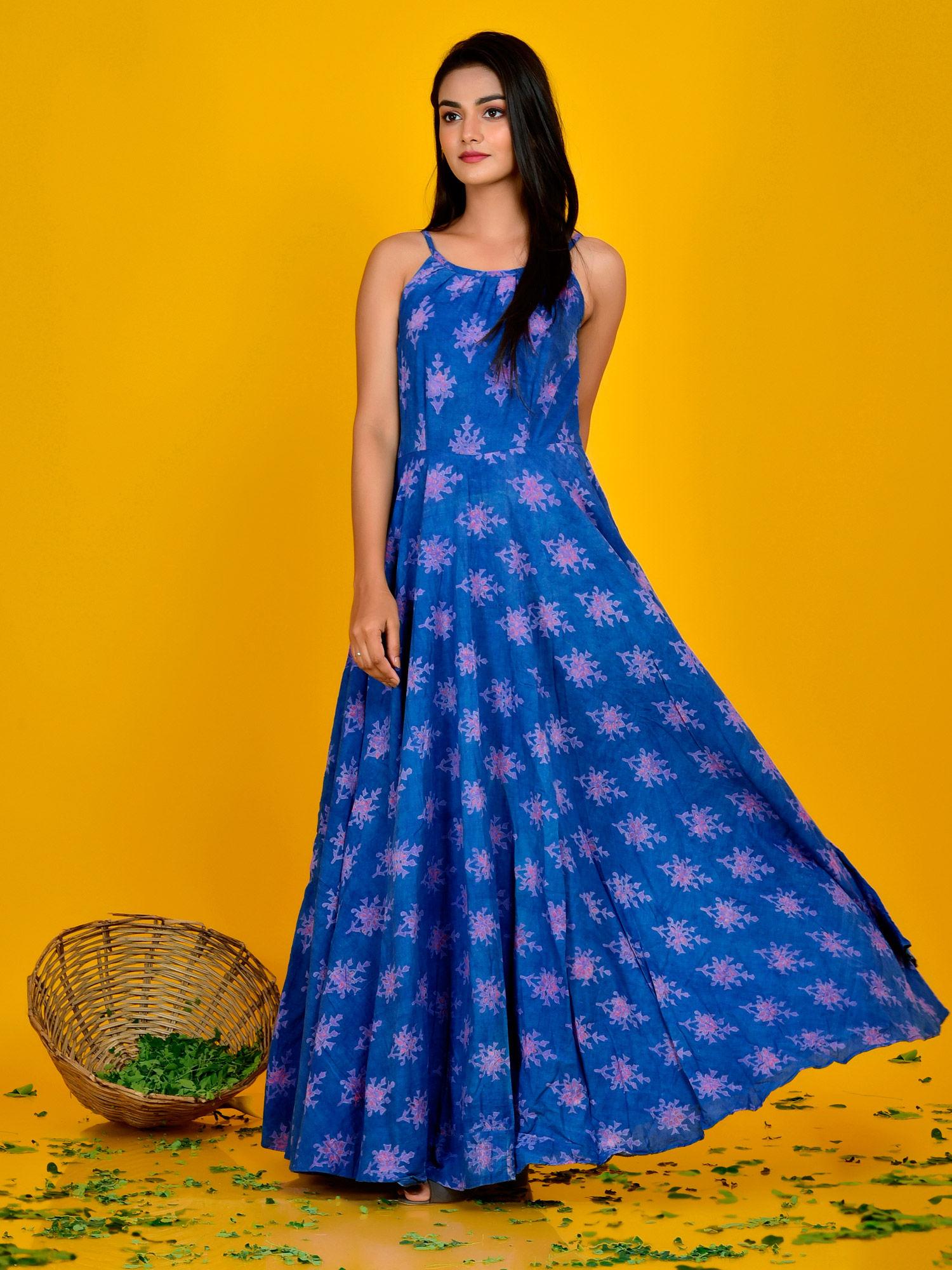 blue bagru printed maxi dress