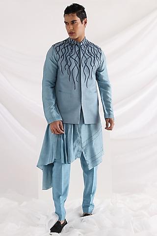 blue bam silk linen satin embroidered nehru jacket