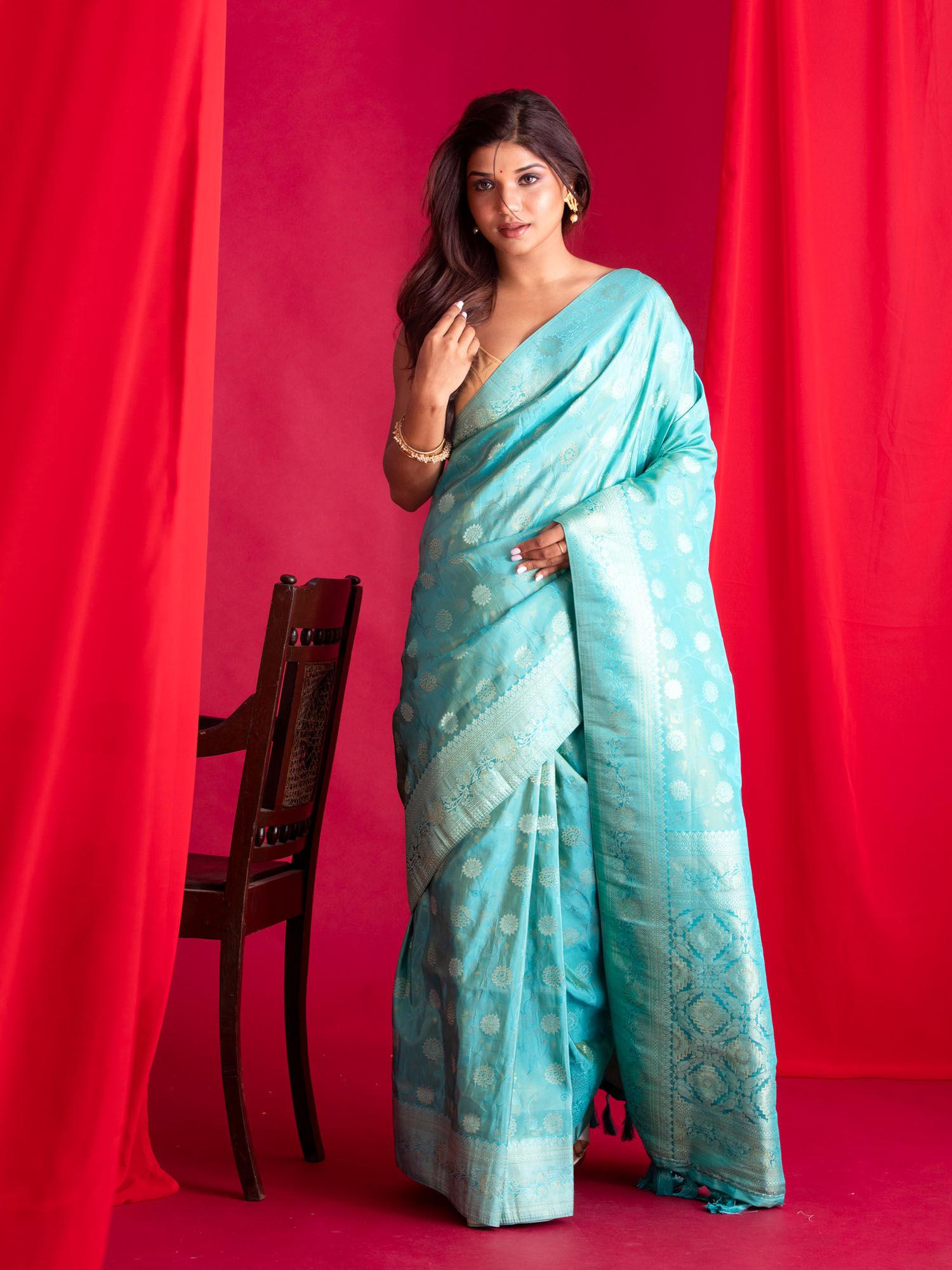 blue banarasi saree with unstitched blouse