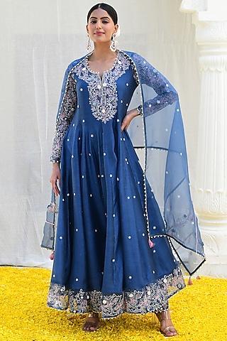 blue banarasi silk embroidered anarkali set