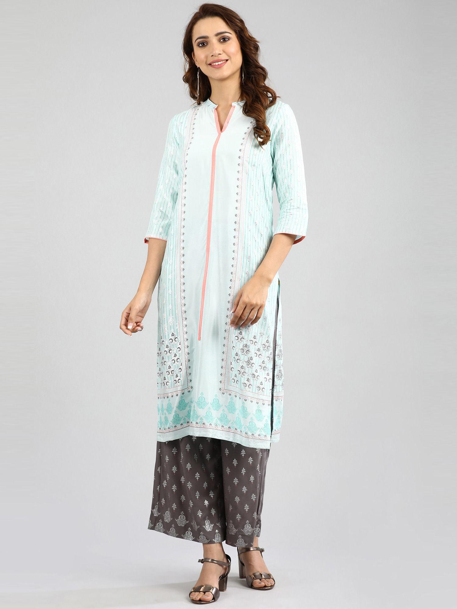 blue band collar printed kurta