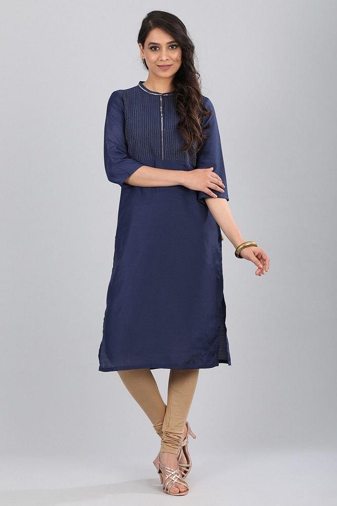 blue band collar solid kurta