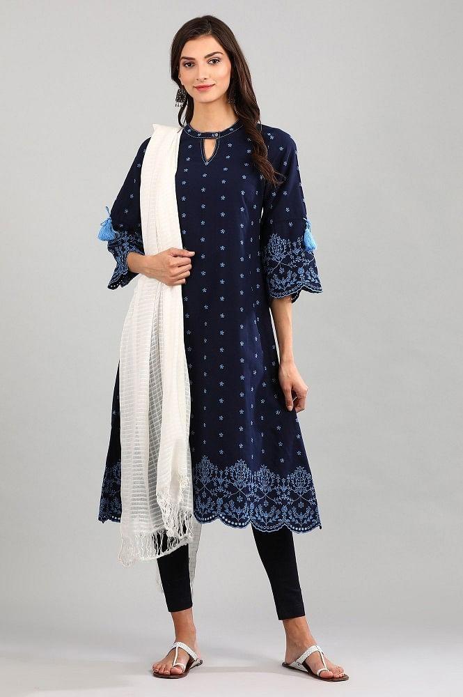 blue band collar yarn-dyed kurta