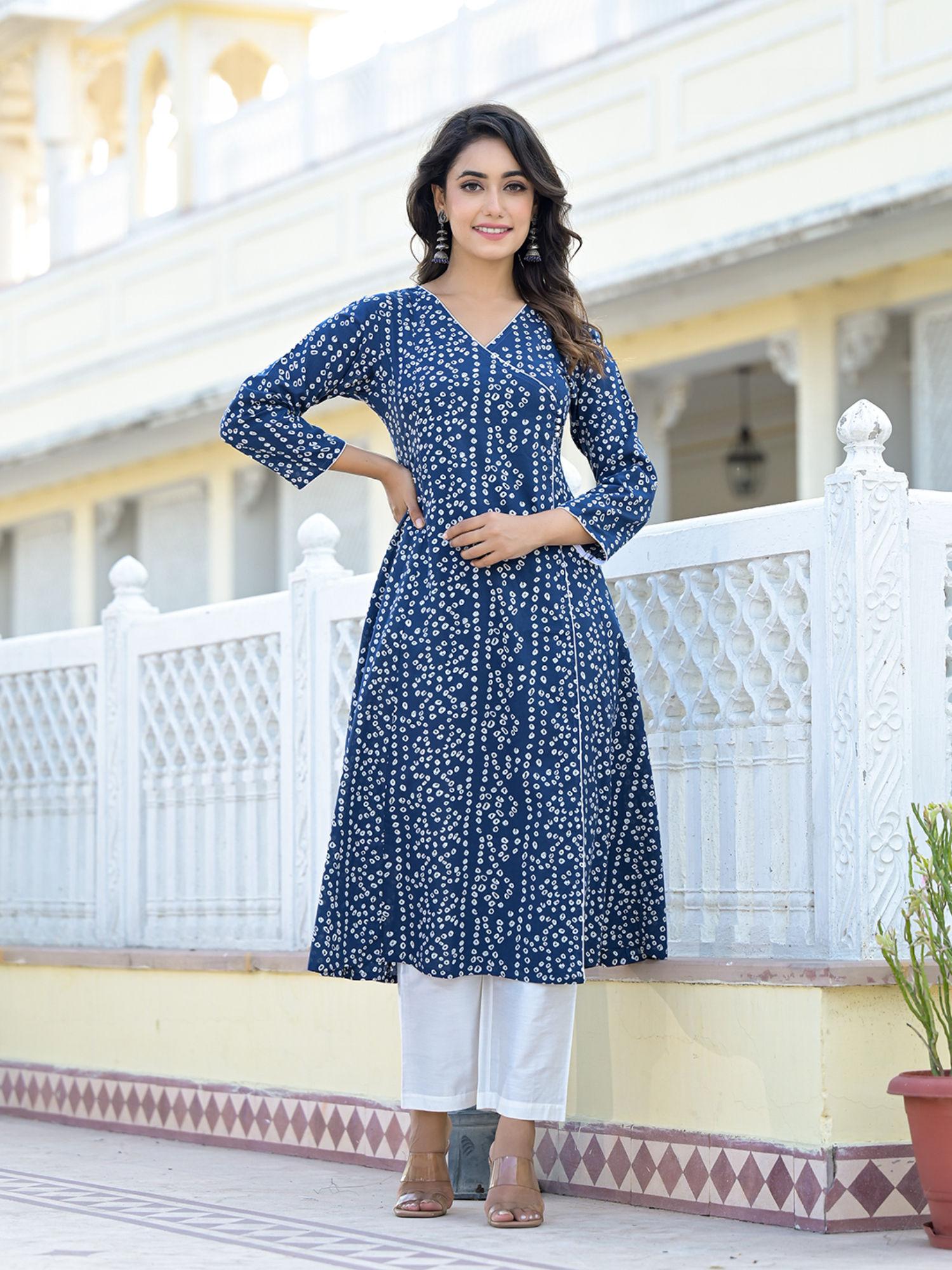 blue bandhani printed angrakha kurta