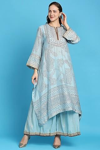 blue bandhani printed kurta set