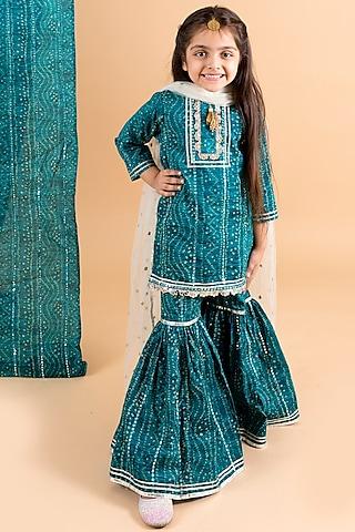 blue bandhani printed sharara set for girls