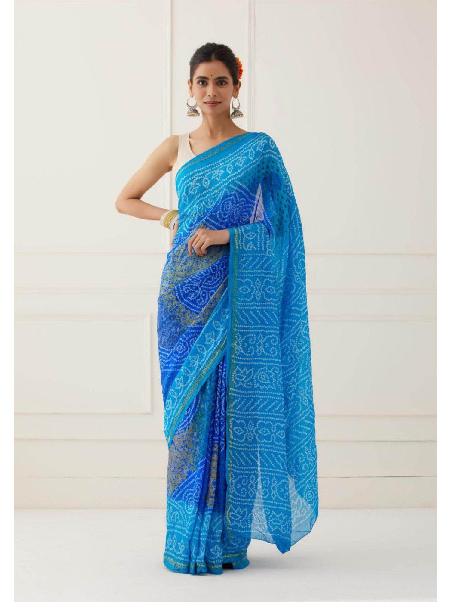 blue bandhani silk saree with unstitched blouse