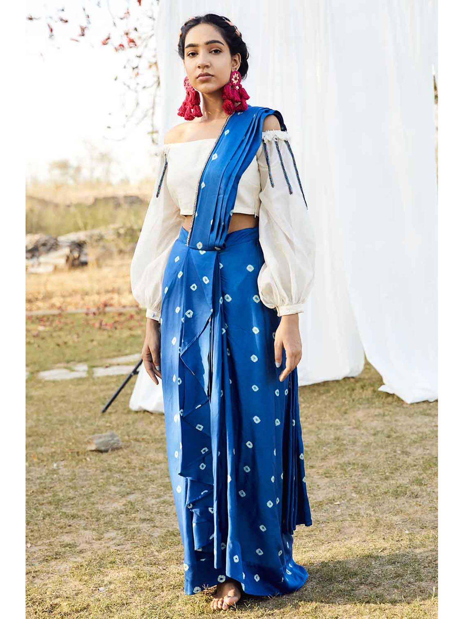 blue bandhej saree inspired skirt with top (set of 2)