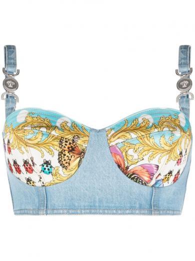 blue baroque print denim bra