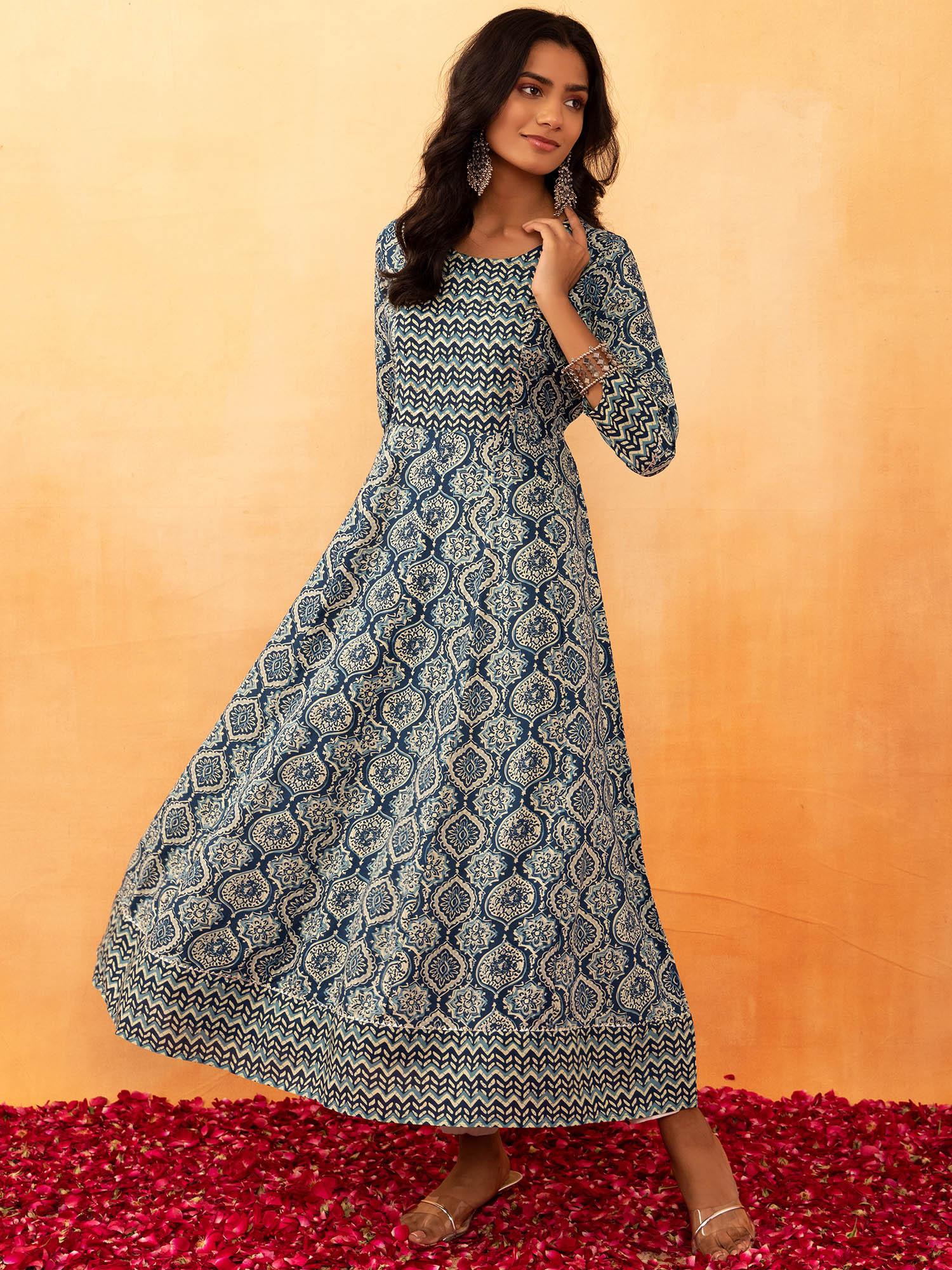 blue batik print rayon anarkali kurta