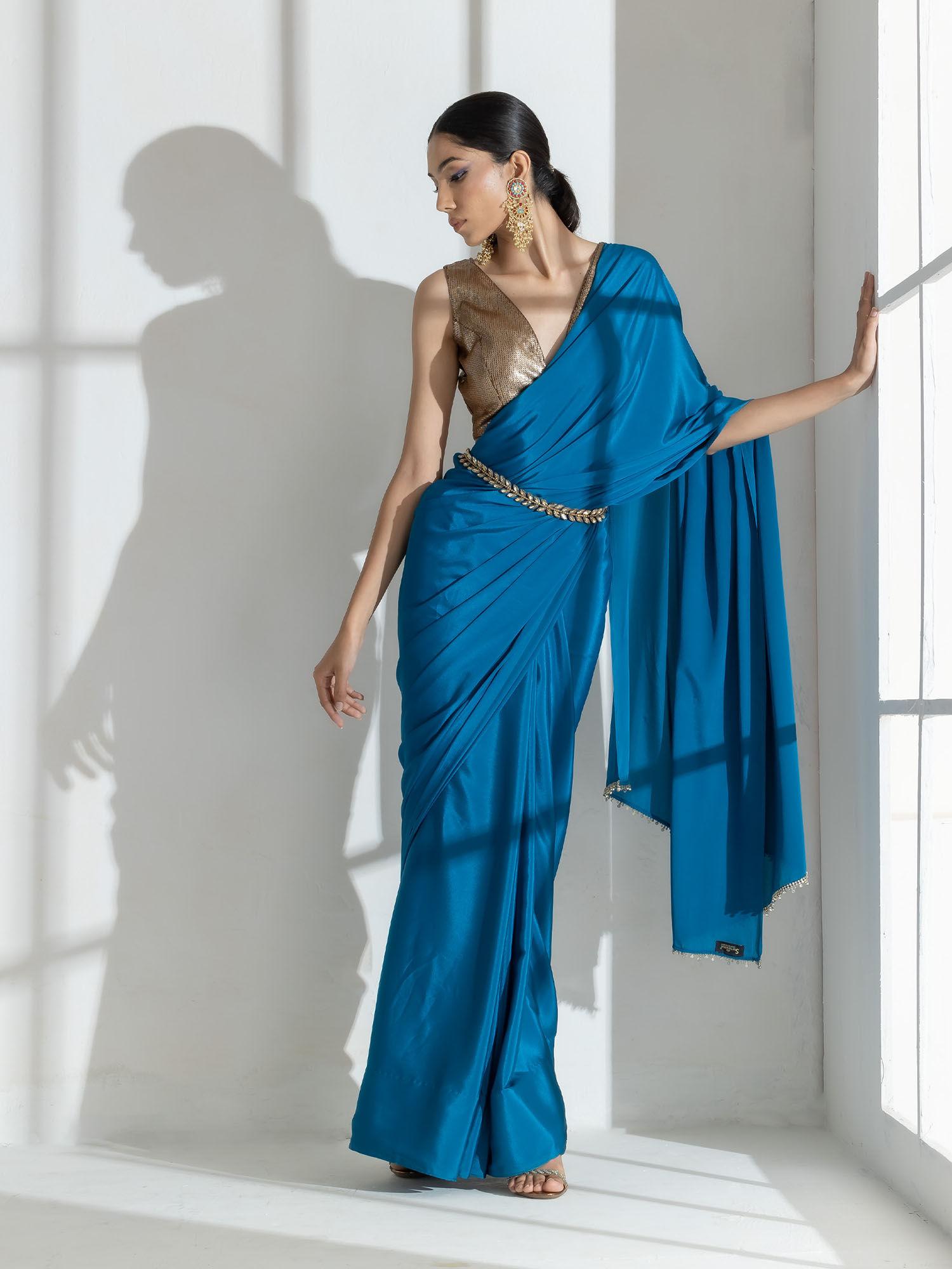 blue beauty crepe saree with diamond lace with unstitched blouse