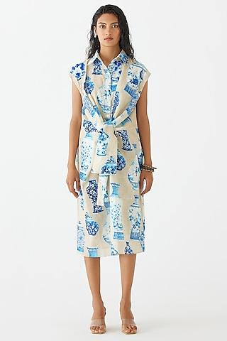 blue-beige cotton digital printed shirt dress