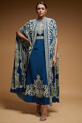 blue bemberg crepe digital printed cape with attached inner