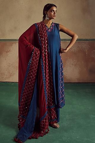 blue bemberg silk mandala embroidered a-line kurta set