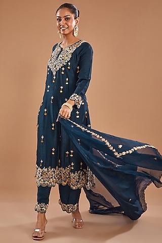 blue bemberg silk sequins & gota patti embroidered anarkali set