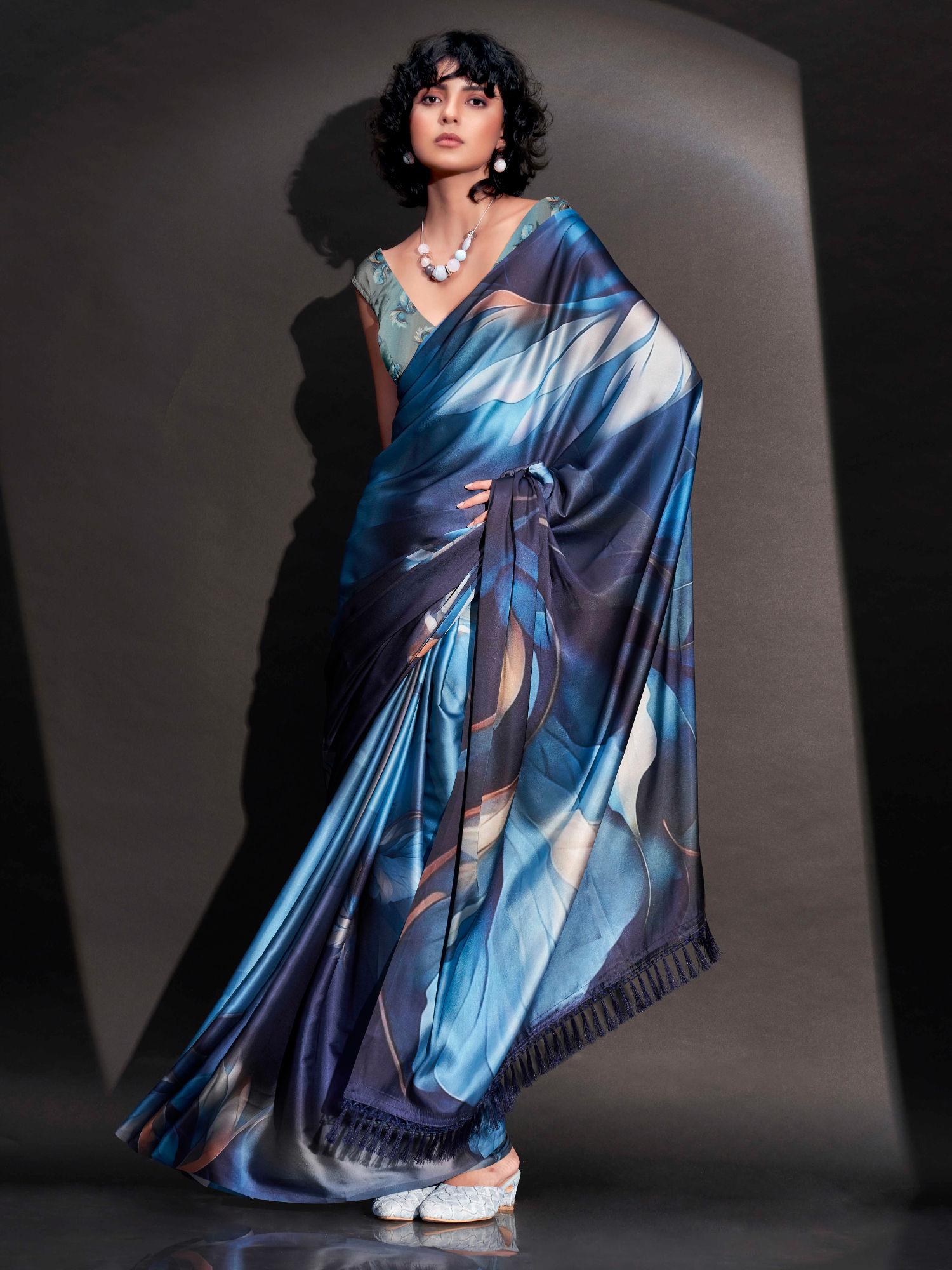 blue big flower digital print satin saree & tassels with unstitched blouse