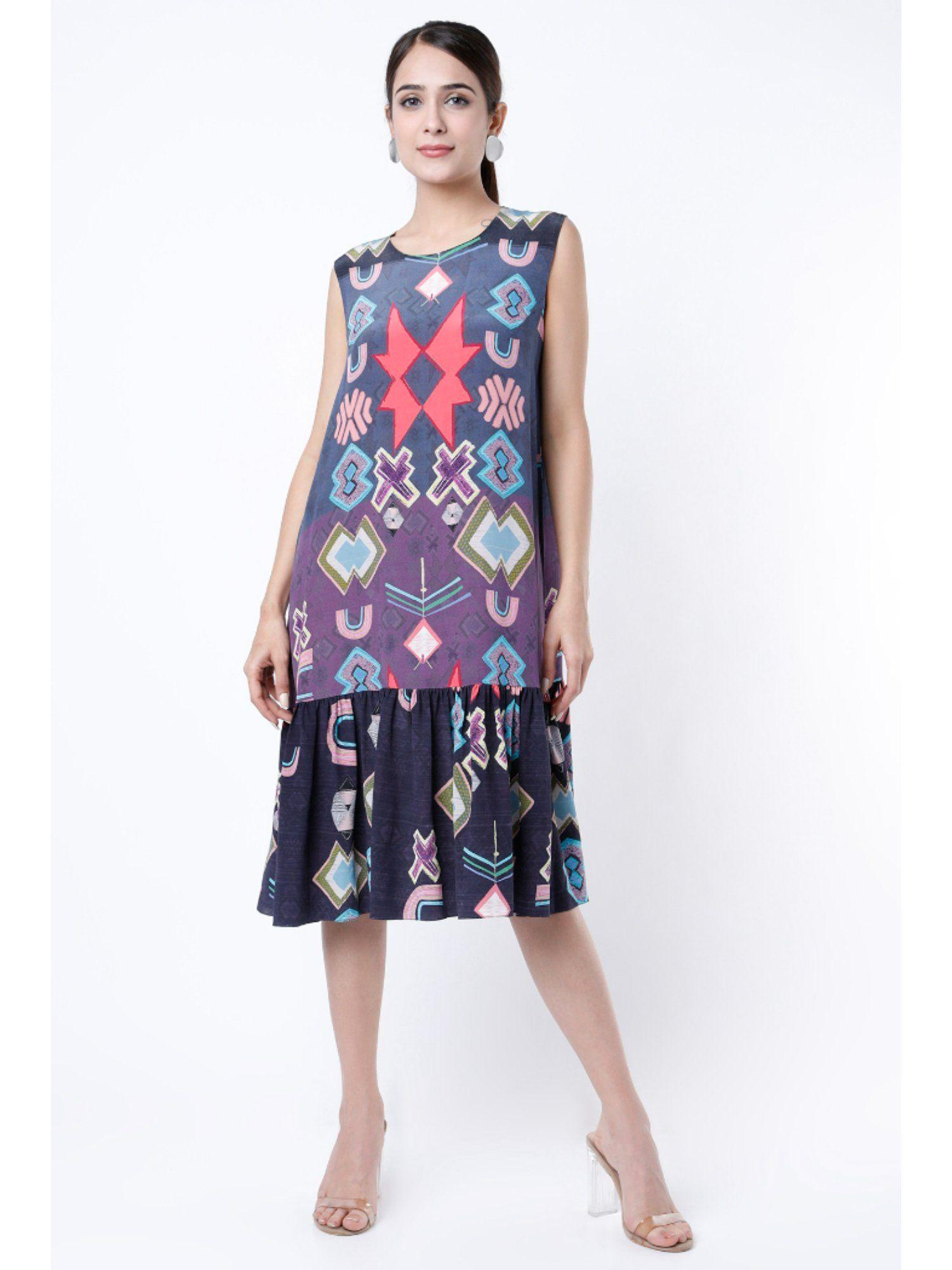 blue big ikat star print crepe frill hem tunic