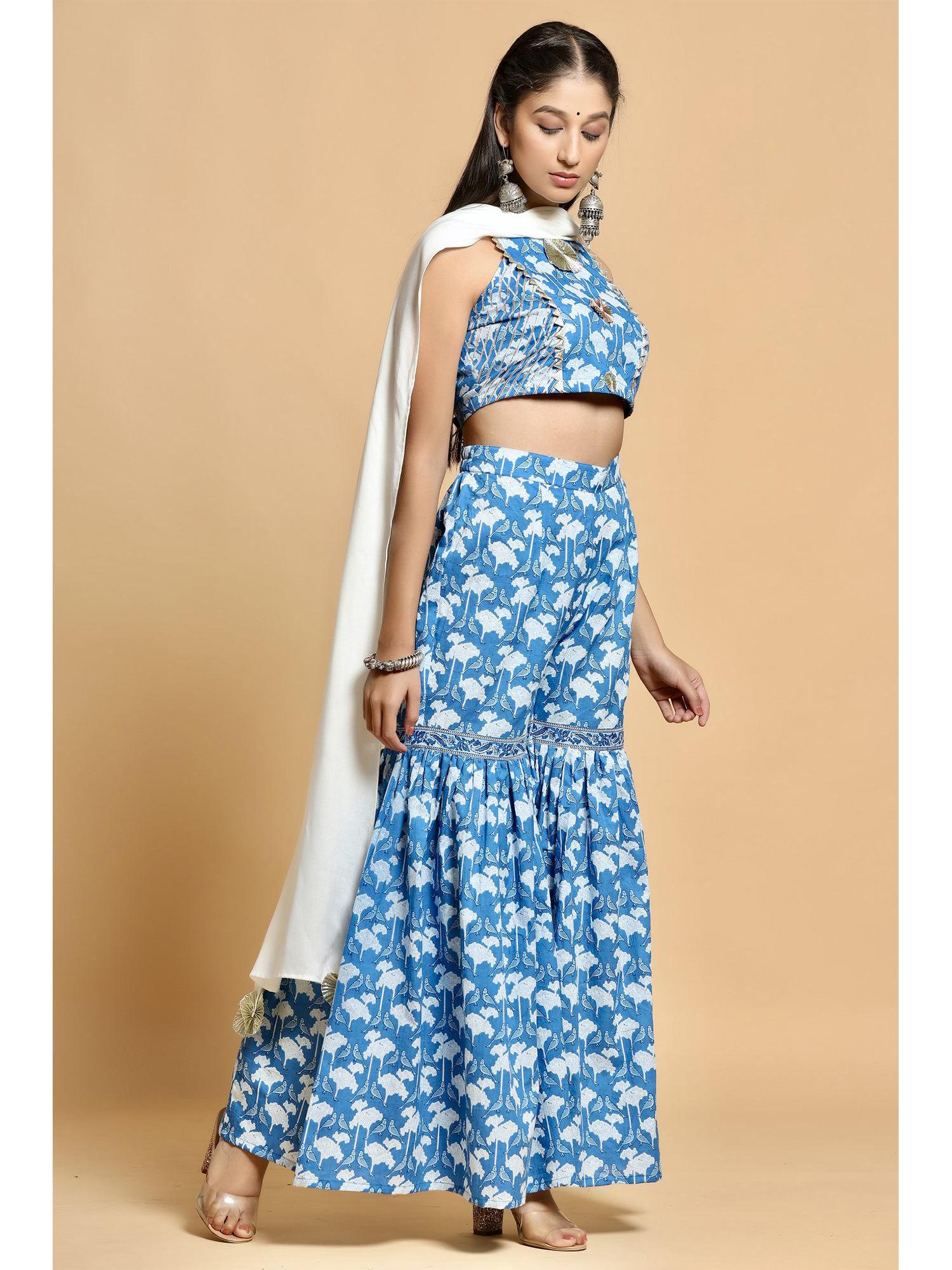 blue bird crop top and sharara with dupatta (set of 3)